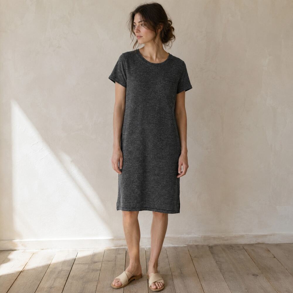 Umgee Charcoal Midi T-Shirt Dress S Minimalist Lagenlook Casual Pocket Travel